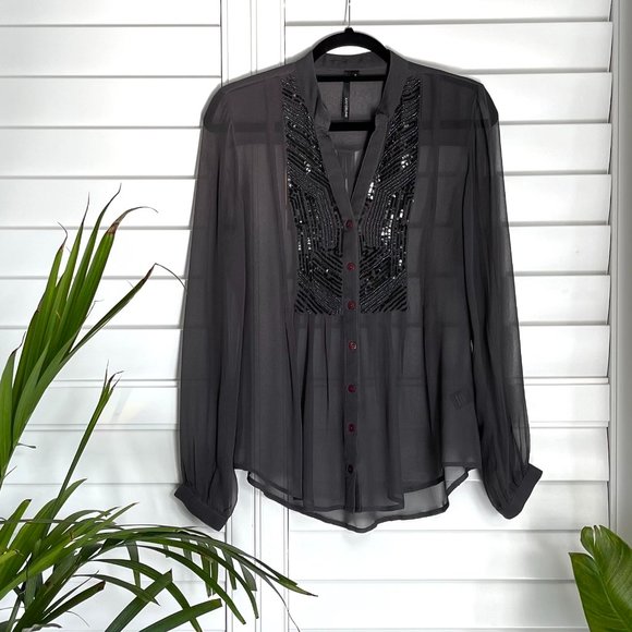 Kay Celine Dark Grey Sheer Silk Sequin Blouse - Picture 1 of 8
